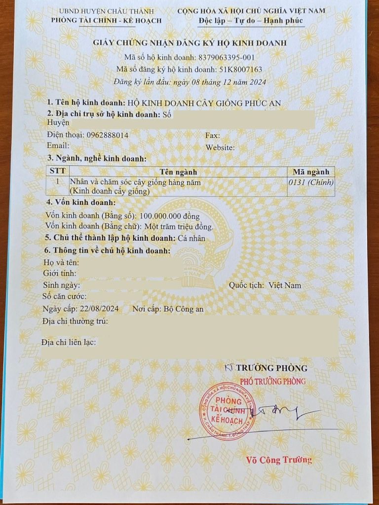 Giấy chứng nhận đăng ký kinh doanh cây giống