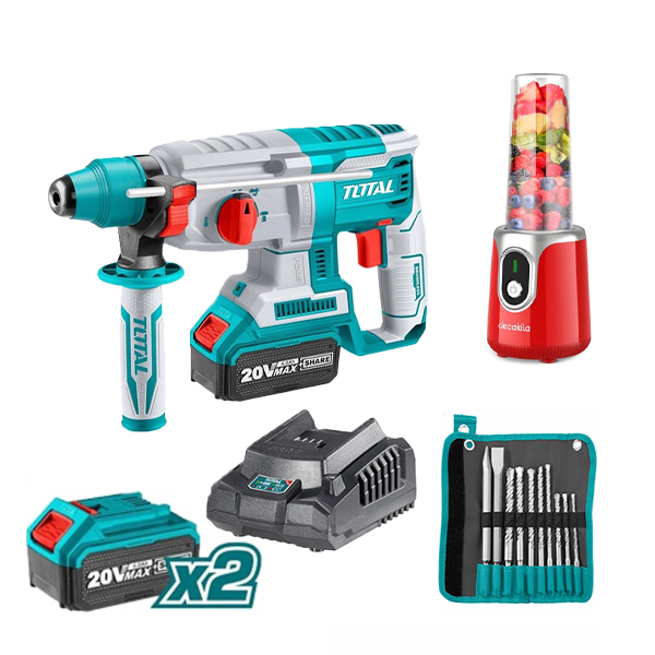 Bộ combo máy xay sinh tố KMJB022R dùng pin, máy khoan động lực TRHLI202287 pin 20V và bộ 8 mũi khoan bê tông TACSD19101 TOTAL TOSLI23061p