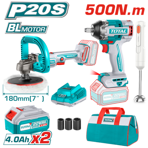 TOSLI240686 Bộ combo máy siết buloong TIWLI2050 & máy đánh bóng TAPLI2018 không chổi than dùng pin 20V & máy xay cầm tay TJB037T dùng pin