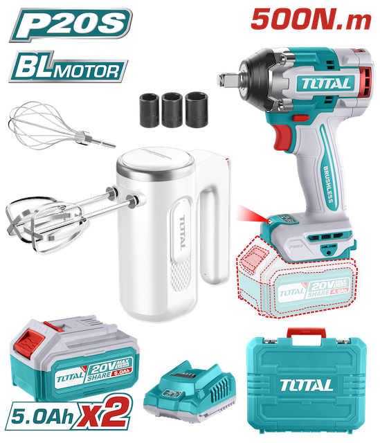 TOSLI240787 Bộ combo máy siết buloong TIWLI2050 không chổi than dùng pin 20V & máy trộn cầm tay TMK021T